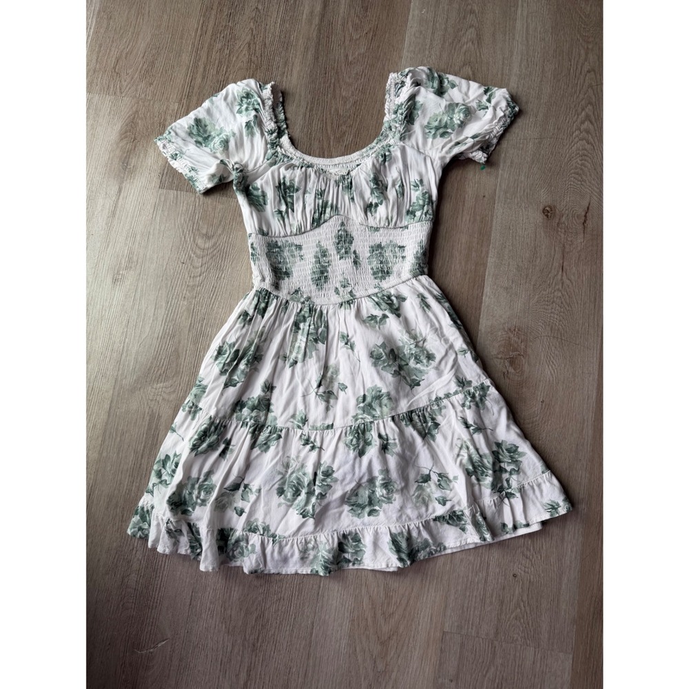Hollister Floral Smocked Tiered Mini Dress White Green Small Tall Cottagecore